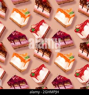 Torte dolci colorate fette di fondo senza cuciture. Dolce modello Foto Stock