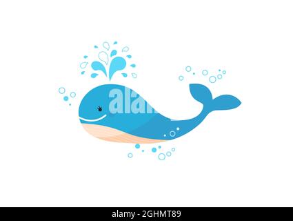 Felice balena blu che rilascia una fontana di acqua. Carino balena blu. Illustrazione vettoriale. Illustrazione Vettoriale
