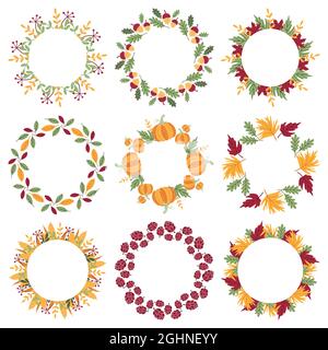 Set di cornici rotonde luminose con copyspace. Belle corone autunnali tradizionali di foglie cadute, rami, coni, ghiande e zucche. Per le carte Illustrazione Vettoriale