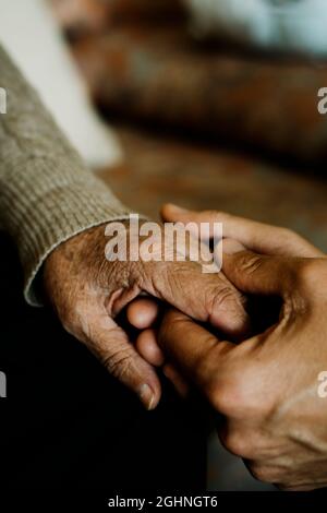 un giovane caucasico tiene con affetto la mano di una donna caucasica anziana Foto Stock