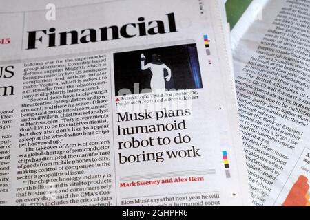 Giornale titolo Guardian pagina finanziaria articolo Elon 'musk piani robot umanoide per fare lavoro noioso' Tesla bot il 21 settembre 2021 Londra Inghilterra UK Foto Stock