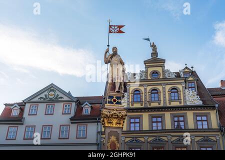 Statua romana a Fischmarkt - Erfurt, Turingia, Germania Foto Stock