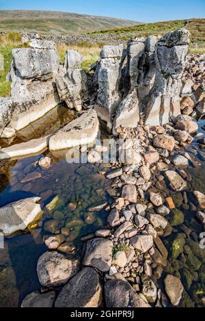 Winterscale beck è sotto le pendici di Whernside. Il becco era ad acqua molto bassa esponendo pilastri di pietra e un letto di macigno. Foto Stock