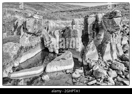 Winterscale beck è sotto le pendici di Whernside. Il becco era ad acqua molto bassa esponendo pilastri di pietra e un letto di macigno. Foto Stock