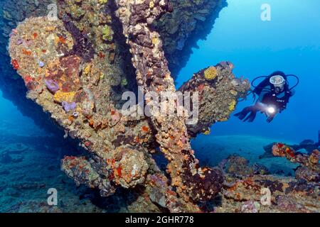 Subacqueo che guarda elica e timone dal relitto della Virgen de Altagracia, naufragio, Mar dei Caraibi vicino a Playa St Lucia, Camagueey Provincia Foto Stock