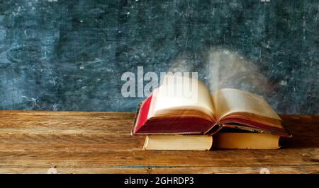 Libro aperto con pagine sfocate capovolte.lettura, letteratura, istruzione, biblioteca, concetto di ufficio domestico, spazio di copia Foto Stock