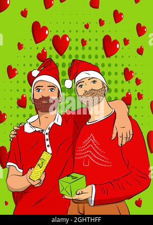 Bella coppia gay è abbracciante e festeggiante, dando scatole regalo a vicenda. Illustrazione vettoriale stile fumetto. Illustrazione Vettoriale