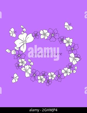 Cartolina con una corona di fiori bianchi. Sfondo viola con posizione per il testo. Illustrazione Vettoriale