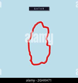 Mappa del profilo in grassetto Qatar. Bordo rosso lucido con ombra morbida. Targhetta con il nome del paese. Illustrazione vettoriale. Illustrazione Vettoriale