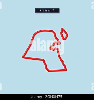 Kuwait grassetto mappa di contorno. Bordo rosso lucido con ombra morbida. Targhetta con il nome del paese. Illustrazione vettoriale. Illustrazione Vettoriale