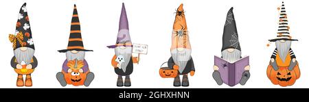 Divertente halloween gnomes felice set. Illustrazione vettoriale. Illustrazione Vettoriale