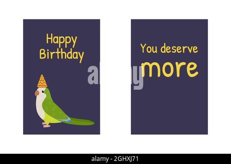 Biglietti di auguri di compleanno con parakeet monaco, buon segno di compleanno e divertente citazione si dessrve di più. Divertente illustrazione cartoon. Simpatico personaggio pappagallo. Disegno della stanza dei bambini. Illustrazione Vettoriale