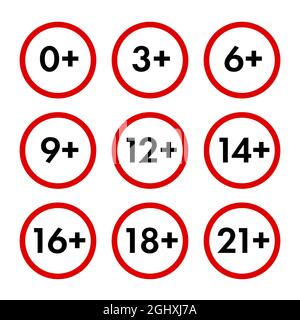 Una serie di segni per le restrizioni di età da zero a ventuno. Simboli cirlce rossi. Illustrazione vettoriale. Illustrazione Vettoriale
