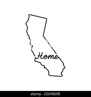 California Stati Uniti mappa del profilo con LA PAROLA HOME scritta a mano. Linea continua di segno di casa patriottica. Un amore per una piccola patria. Interno Illustrazione Vettoriale
