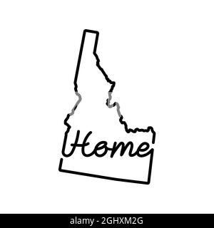 Idaho US mappa del profilo dello stato con la PAROLA HOME scritta a mano. Linea continua di segno di casa patriottica. Un amore per una piccola patria. Arredamento interno Illustrazione Vettoriale