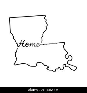 Mappa dello stato della Louisiana USA con LA PAROLA HOME scritta a mano. Linea continua di segno di casa patriottica. Un amore per una piccola patria. D. Interno Illustrazione Vettoriale