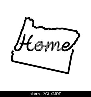 Mappa dello stato dell'Oregon USA con LA PAROLA HOME scritta a mano. Linea continua di segno di casa patriottica. Un amore per una piccola patria. Arredamento interno Illustrazione Vettoriale