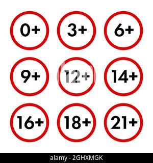 Una serie di segni per le restrizioni di età da zero a ventuno. Simboli cirlce rossi. Illustrazione vettoriale. Illustrazione Vettoriale