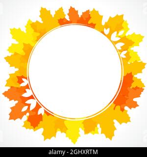 Ciao autunno segno. Icona creativa. Torna a scuola congrats. Foglio bianco di carta e foglie di acero. Elementi di pianta. Etichetta decorativa concetto. Isolato a Illustrazione Vettoriale