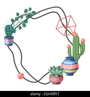 Telaio con cactus e succulenti. Cactus e piante ornamentali a fiore spiky in vasi di fiori. Illustrazione Vettoriale