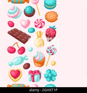 Modello senza cuciture varie caramelle e dolci. Illustrazione stilizzata della pasticceria o della panetteria. Illustrazione Vettoriale