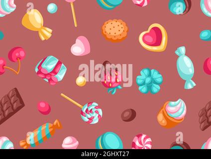 Modello senza cuciture varie caramelle e dolci. Illustrazione stilizzata della pasticceria o della panetteria. Illustrazione Vettoriale