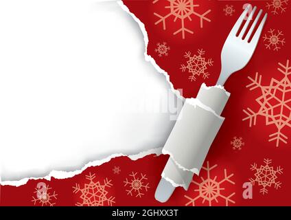 Menu di Natale rosso strappato sfondo carta. Immagine di carta rossa strappata con forchetta e fiocchi di neve. Inserire il testo o l'immagine.vettore disponibile. Illustrazione Vettoriale