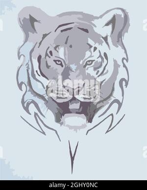 Bella testa bianca tigre su sfondo blu. Simbolo della testa della tigre in tonalità di grigio per ricami, loghi, stampe e tessuti, carta da parati e adesivi Foto Stock