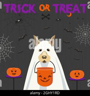 Cane in costume fantasma e secchio di Halloween Illustrazione Vettoriale
