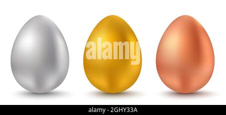 Vector ha preparato tre uova per Pasqua. Uova d'argento, d'oro e di bronzo per Pasqua. Uovo metallico vettoriale. Illustrazione Vettoriale