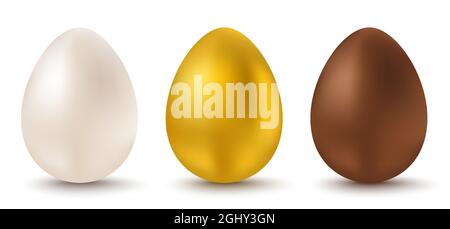 Vector ha preparato tre uova per Pasqua. Uova bianche, dorate e al cioccolato per Pasqua. Uovo vettoriale. Illustrazione Vettoriale