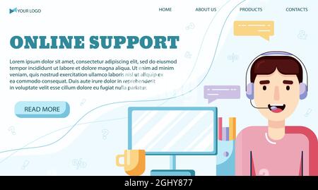 Concetto di assistente online, modello di banner per il call center o il supporto online, landing page per il negozio online. Illustrazione Vettoriale