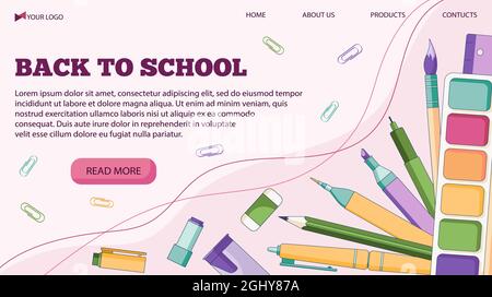 Modello di banner vettoriale per il ritorno a scuola con penne e altri materiali scolastici, in stile piatto. Illustrazione Vettoriale