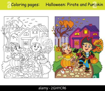 Bambini divertenti in costumi di zucca e pirata. Concetto di Halloween. Pagina libro da colorare per bambini con modello colorato. Vettore cartoon illustrati Illustrazione Vettoriale