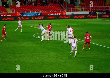 MOSCA, RUSSIA - 7 SETTEMBRE 2021 Stadio Otkrytie Arena. Torneo di qualificazione per la Coppa del mondo FIFA 2022 in Qatar. Gruppo H. Russia vs Malta natio Foto Stock