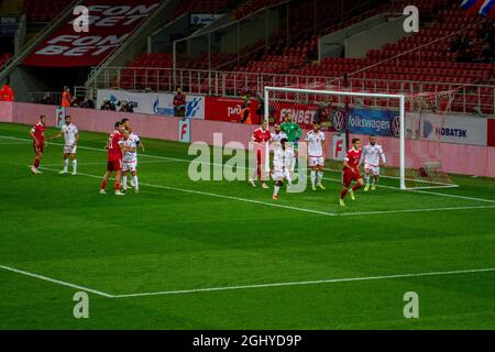 MOSCA, RUSSIA - 7 SETTEMBRE 2021 Stadio Otkrytie Arena. Torneo di qualificazione per la Coppa del mondo FIFA 2022 in Qatar. Gruppo H. Russia vs Malta natio Foto Stock