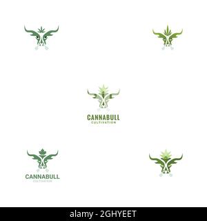 Ci sono testa di toro , coltivazione o piantatura , fumo che esce dal naso di toro tre concetto combinato Make canna bull logo. Illustrazione Vettoriale