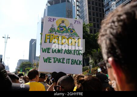 Giornata dell'indipendenza brasiliana: Le famiglie protestano contro gli atti antidemocratici del ministro Alexandre de Morais. Foto Stock