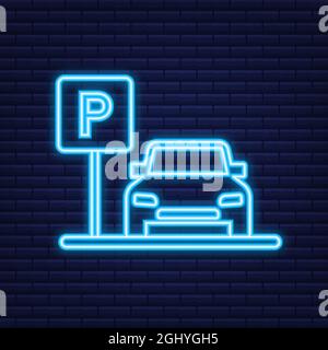 Sagoma con parcheggio. Logo, icona, etichetta. Parcheggio su sfondo bianco. Icona neon. Elemento Web. Illustrazione dello stock vettoriale. Illustrazione Vettoriale