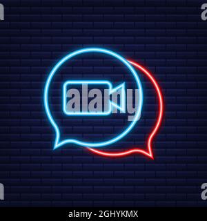 Videochiamata in arrivo sul laptop. Computer portatile con chiamata in arrivo, immagine del profilo uomo e pulsanti di accettazione rifiuto. Icona neon. Illustrazione dello stock vettoriale. Illustrazione Vettoriale