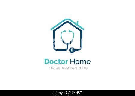 disegno del logo della casa del medico con icona di stetoscopio Foto Stock