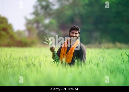 Agricoltore indiano con mano vuota per mettere il prodotto e puntare il dito a mano vuota Foto Stock