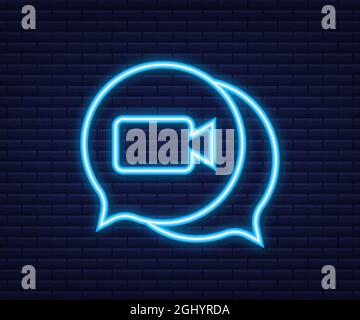 Videochiamata in arrivo sul laptop. Computer portatile con chiamata in arrivo, immagine del profilo uomo e pulsanti di accettazione rifiuto. Icona neon. Illustrazione dello stock vettoriale. Illustrazione Vettoriale