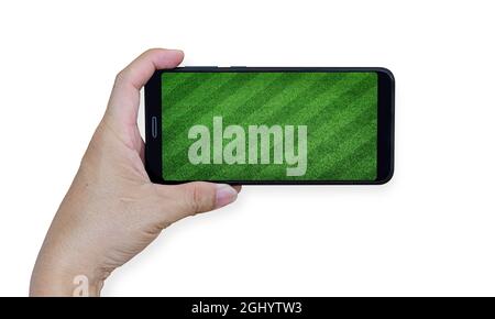 telefono cellulare portatile con campo da calcio o calcio isolato su sfondo bianco. Foto Stock