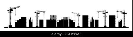 Costruzione di un nuovo microstruttorio della città. Silhouette. Gru e trattori. Tecnologie e attrezzature moderne. Isolato su sfondo bianco Illustrazione Vettoriale