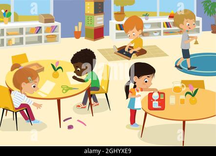 Classe prescolare. Illustrazioni di bambini nella sala giochi, ragazzi e ragazze coinvolti in attività, cucire, fare un collage, versare acqua, camminare con il Illustrazione Vettoriale