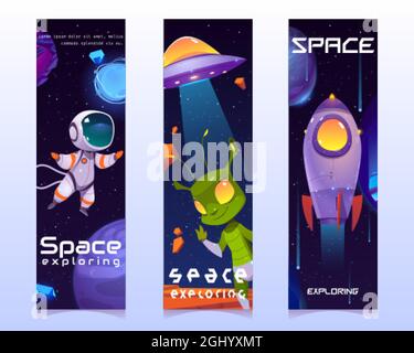 Spazio esplorando cartoni animati banner verticali, alieno simpatico amichevole, ufo piatter, astronauta, pianeti, razzo o navetta in galassia. Fantasy sfondi cosmici con oggetti Universe, illustrazione vettoriale, set Illustrazione Vettoriale