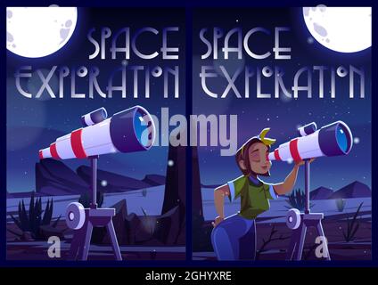 Poster esplorativi dello spazio con donna e telescopio di notte. Volantini vettoriali con illustrazione cartoon ragazza che guarda stelle, luna e pianeti su cielo scuro attraverso il telescopio Illustrazione Vettoriale