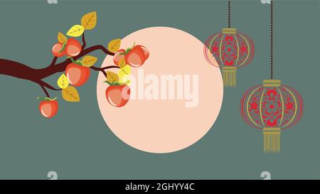 Frutta di persimmon arancione su ramo e luna piena, disegno di Chuseok. Illustrazione Vettoriale