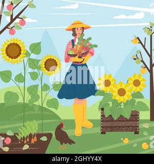 Gente piatta nel villaggio. Donna con verdure a cesto nelle sue mani in villaggio. Illustrazione vettoriale. Paesaggio rurale Illustrazione Vettoriale